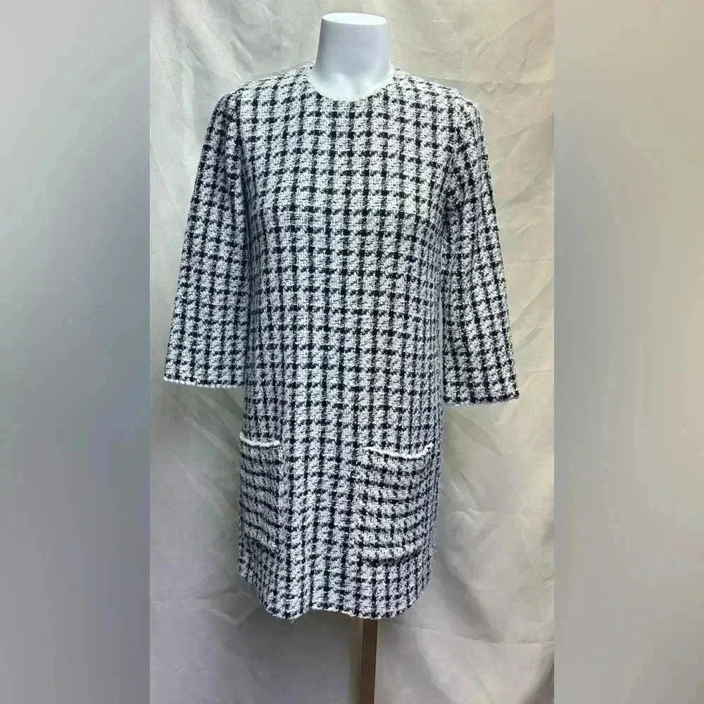 Zara TRF Collection Women's Mini Tweed Checkered 3/4 Sleeve Dress Size Small